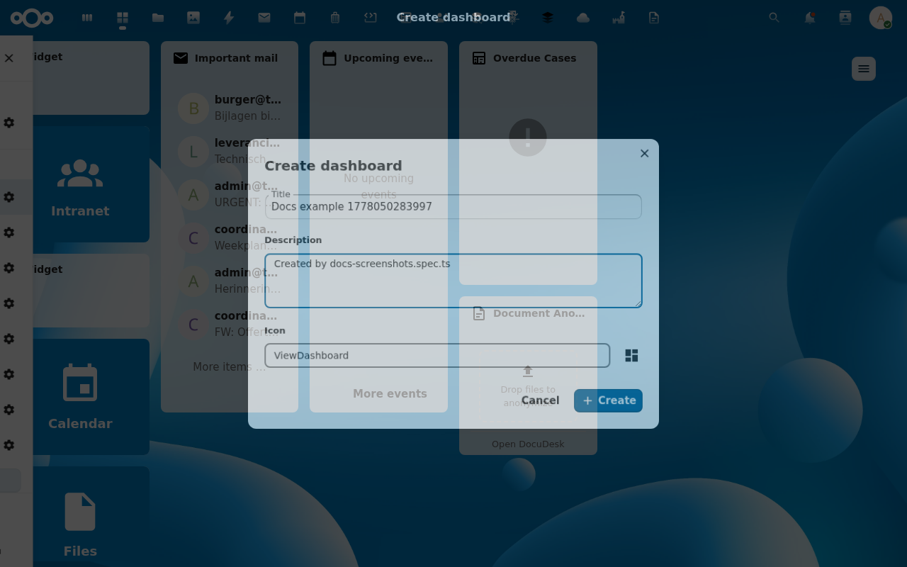 Create dashboard modal